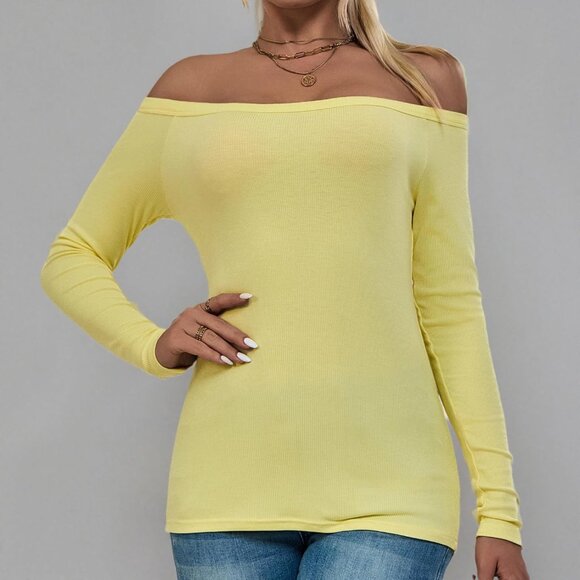 🆕 Women Yellow Long Sleeve Shoulder Tops Ribbed Basic Trendy Stretchy Shirt Off - Picture 6 of 6